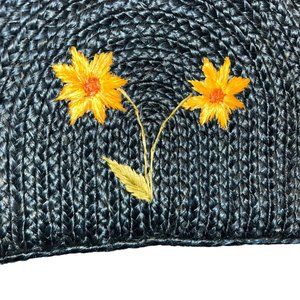 bunsie B. New York blue yellow orange embroidered daisy flowers Straw purse bag